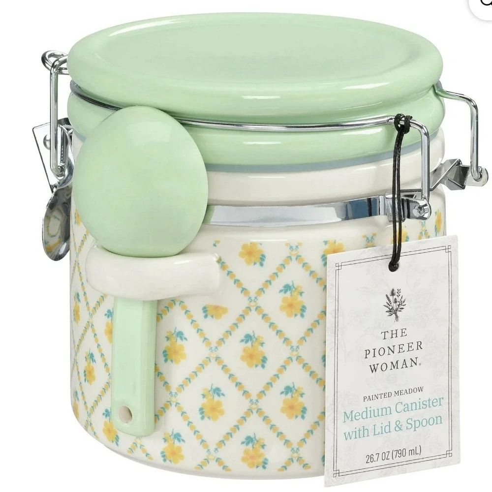 Pioneer Woman Medium Stoneware Canister w/ Lid & Spoon Painted Meadow New Sealed